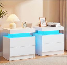 Set of 2 Modern White Nightstands with LED Lights & Remotes