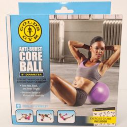Golds Gym Anti-Burst Core Ball 9" Diameter Purple with Exercise Chart, New. Bonus - Exercise Bands