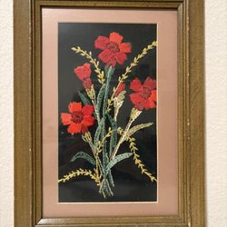 Vintage Needlepoint Red Flowers Framed