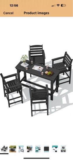 SERWALL Outdoor Bar Set, 4 Adirondack Bar Chairs & Bar Height Table, Black with 1.6" Umbrella Hole, All-Weather HDPE Patio Furniture for Poolside, Bac