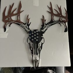 Metal Buck Skull Cutout With American Flag Inlay