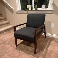 Mid Century Modern Chair, Walnut Tone With Dark Grey Fabric