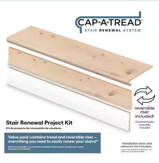 Cap A Tread
Luxurious Pine Wood 47 in. L x 12.15 in. W x 42.92 mm T Vinyl Overlay Stair Tread and Reversible Riser Kit