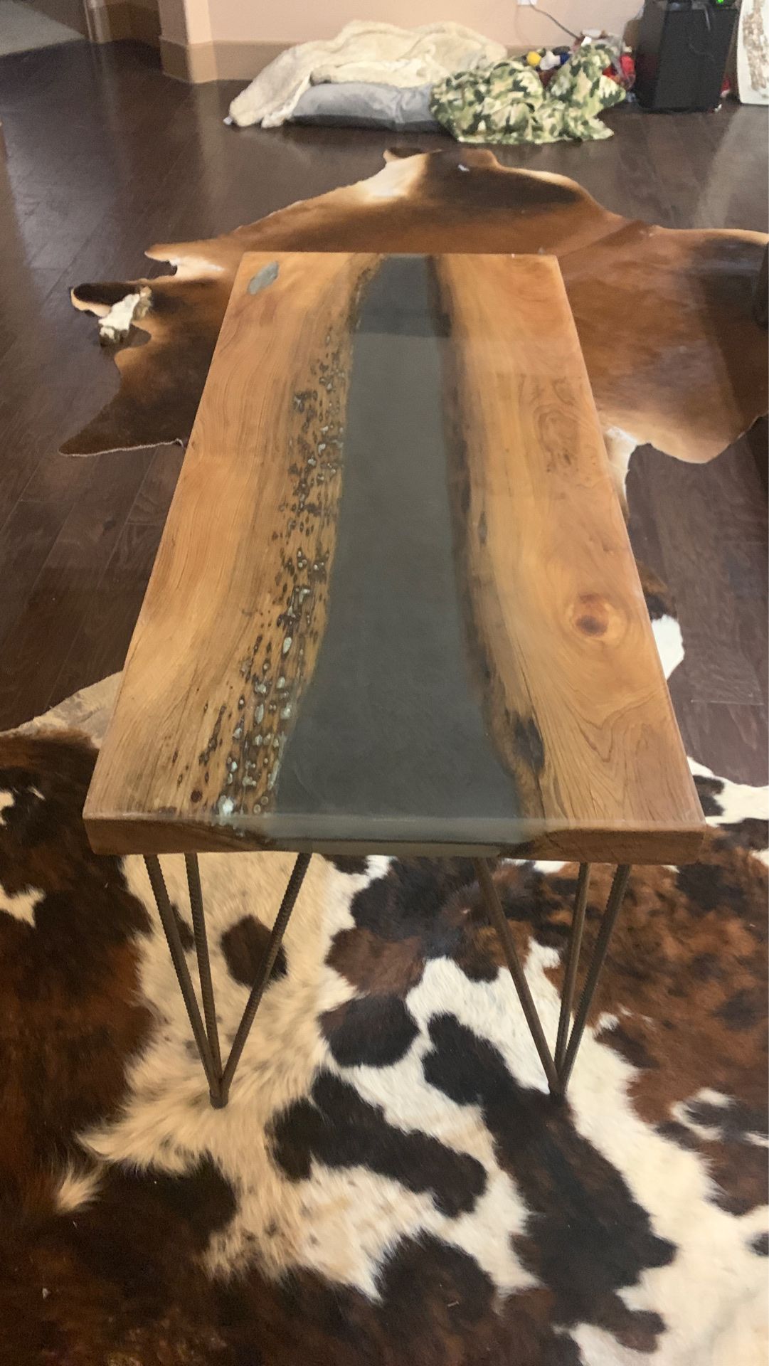 Custom made epoxy and mesquite river table