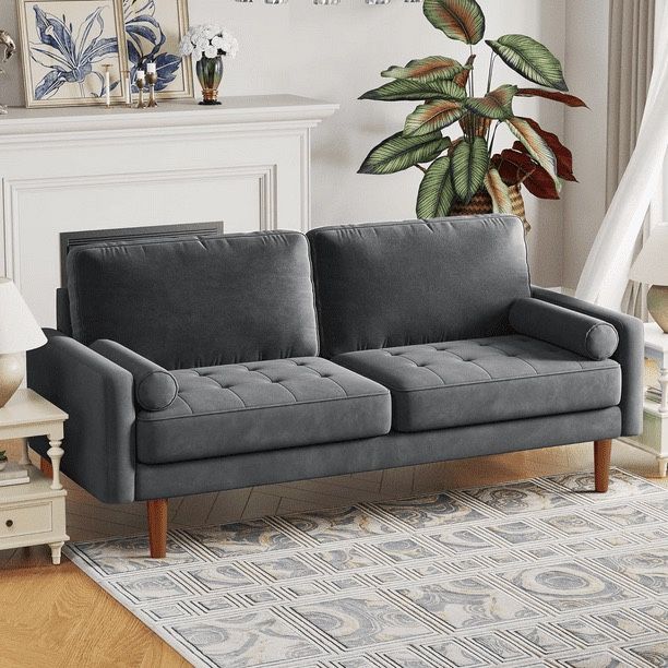 70” Luxury Comfy Velvet Sofa with 2 Pillows,  Modern Upholstered Love Seat Couch, Gray