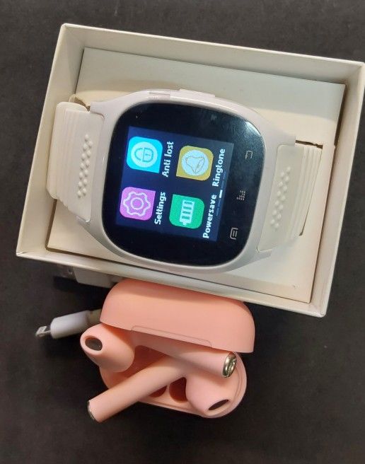 M-Series White Smart Watch  + 5.0 Powder Pink Wireless Earbuds 