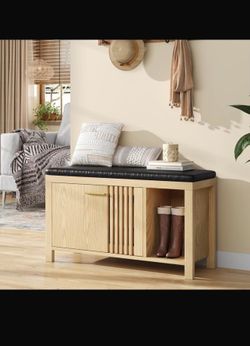 40" Shoe Storage Bench with Flip Drawers & Padded Seat Cushion, Open Compartments & Slatted Doors, Entryway Bench with Shoe Storage for Entryway, Hall