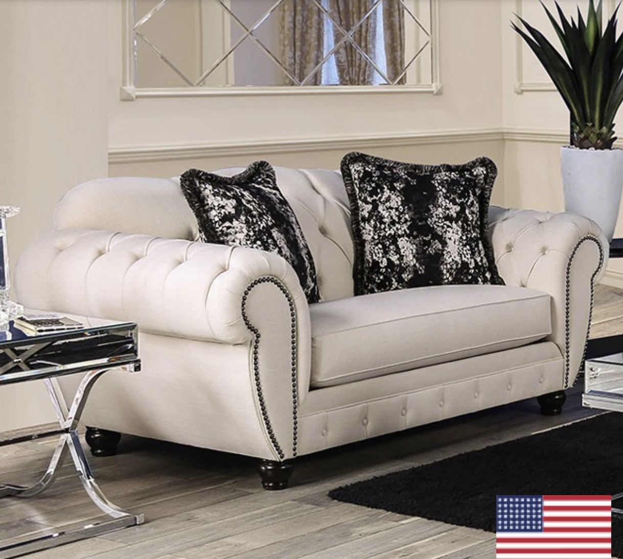 Beige Tufted Loveseat With Nailhead Trim Brand New