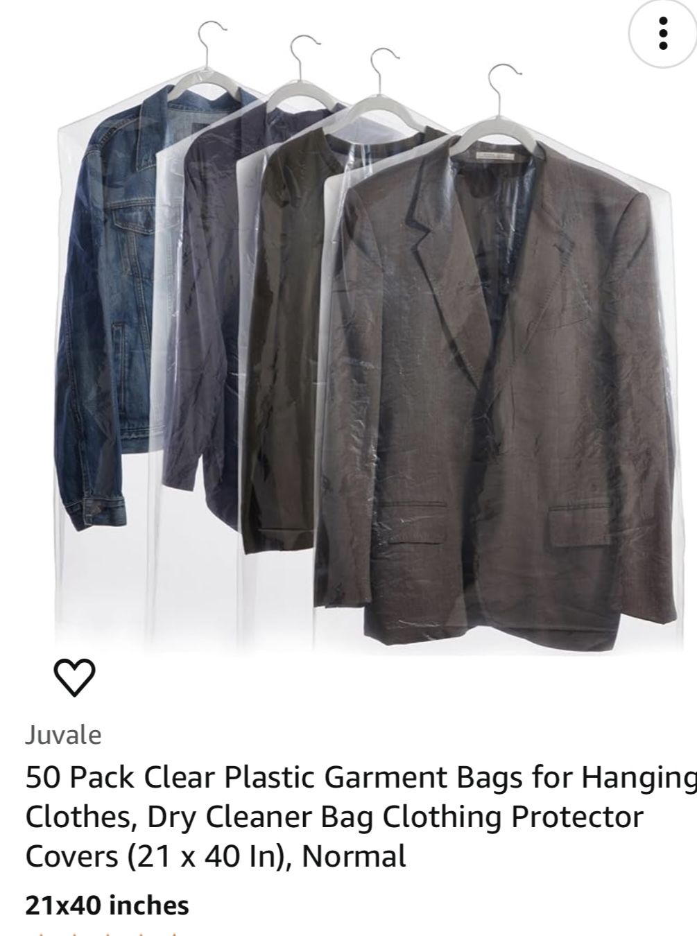50 Pack Clear Plastic Garment Bags for Hanging Clothes