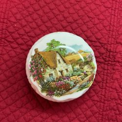 Vintage Porcelain Lidded Trinket Dish by Allyn Nelson Country Scene Florals