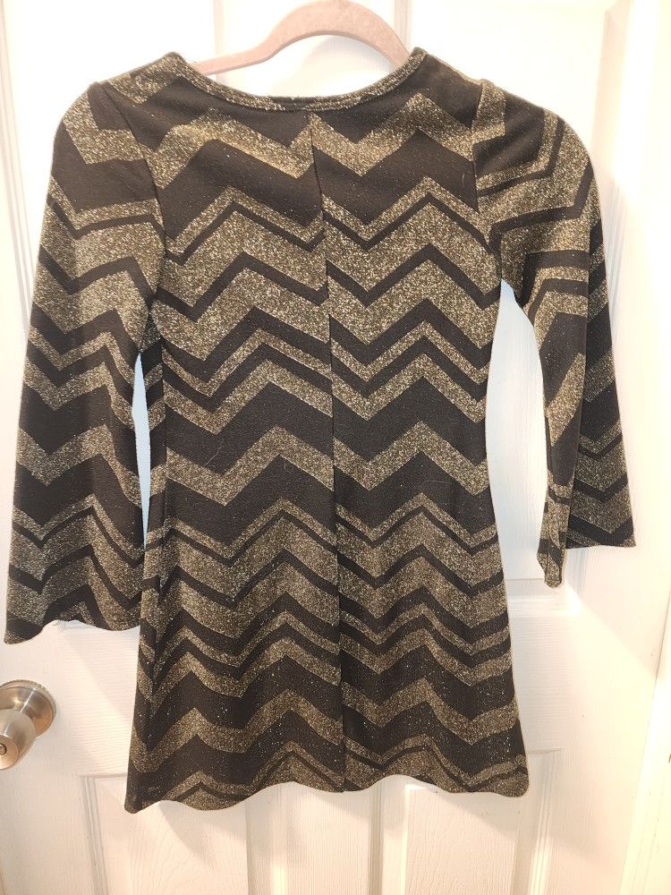Girls Black & Gold Metallic Chevron Dress