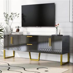 Modern TV Stand for TVs up to 75 Inches, Entertainment Center Two Drawers, Cabinets , Black E-21