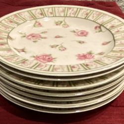 Set of 7    222 Fifth Penny’s ROSES, Pink & Green Stripe Salad/LuncheonPlates CERP2-682
