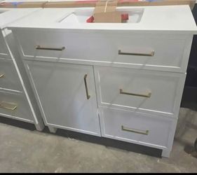 Home Decorators Collection
Bilston 36 in. Single Sink White Bath Vanity with White Engineered Stone Top (Assembled)
$400 each vanity 
Faucet or mirror