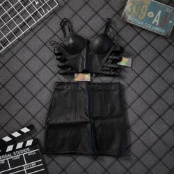 Crop top skirt leather set