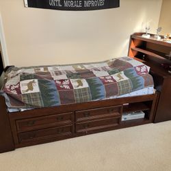 Solid Wood bookcase headboard Twin Bed with Built-In Storage & Shelving