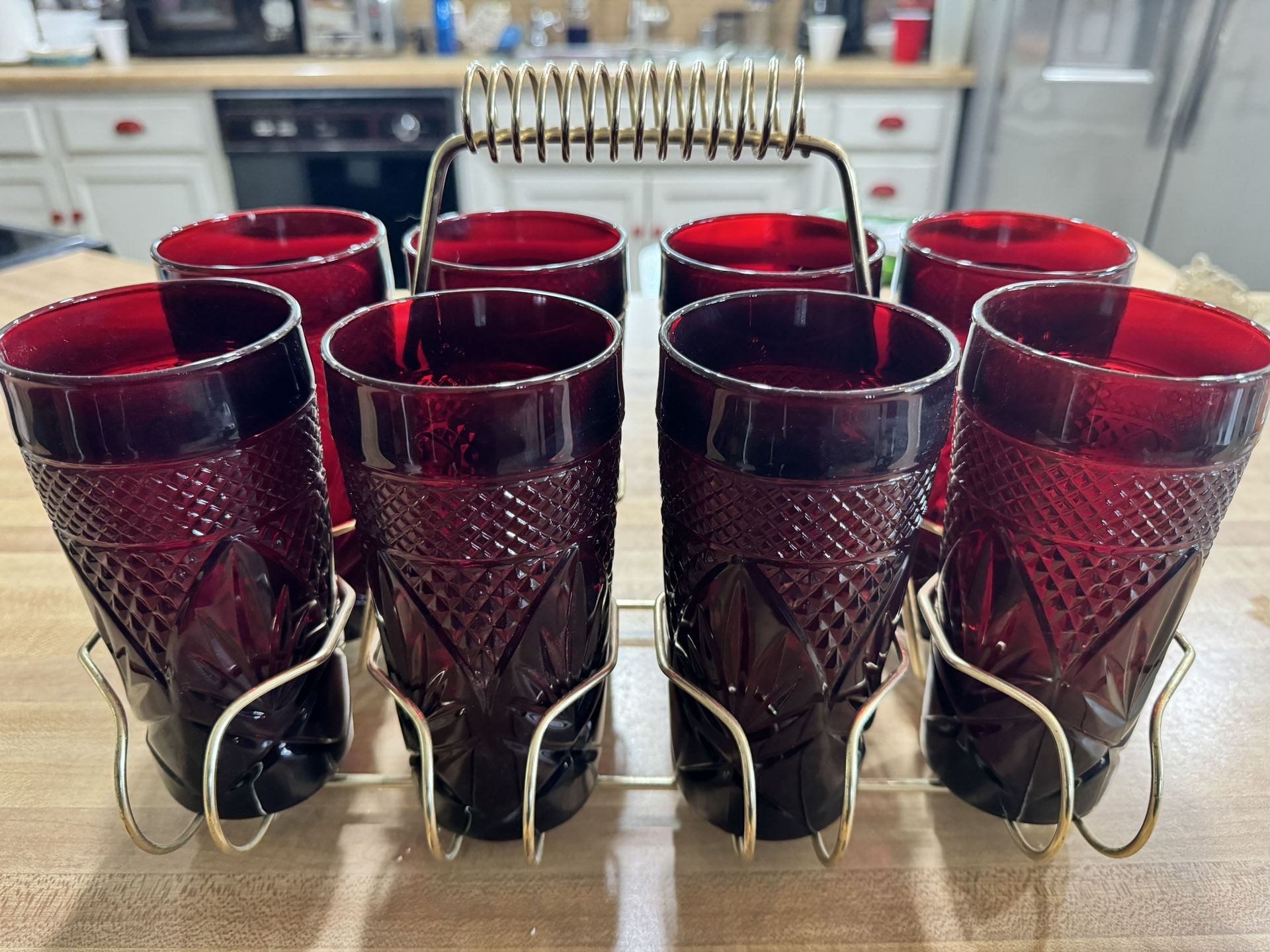 Vintage Set of 8 with Stand Cristal d'Arques Durand Antique Ruby Red Tumblers Glasses