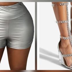 Silver Jeweled Gladiator Sandals Size 8 + Faux Leather Shorts (L)