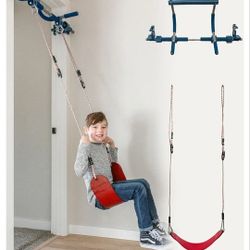 Gym1 2-Piece Doorway Gym for Kids, Includes Door Sensory Swing, Indoor Pull-Up Bar for Adults, Rings, Hanging Trapeze, Ladder & Knotted Rope, Holds Up