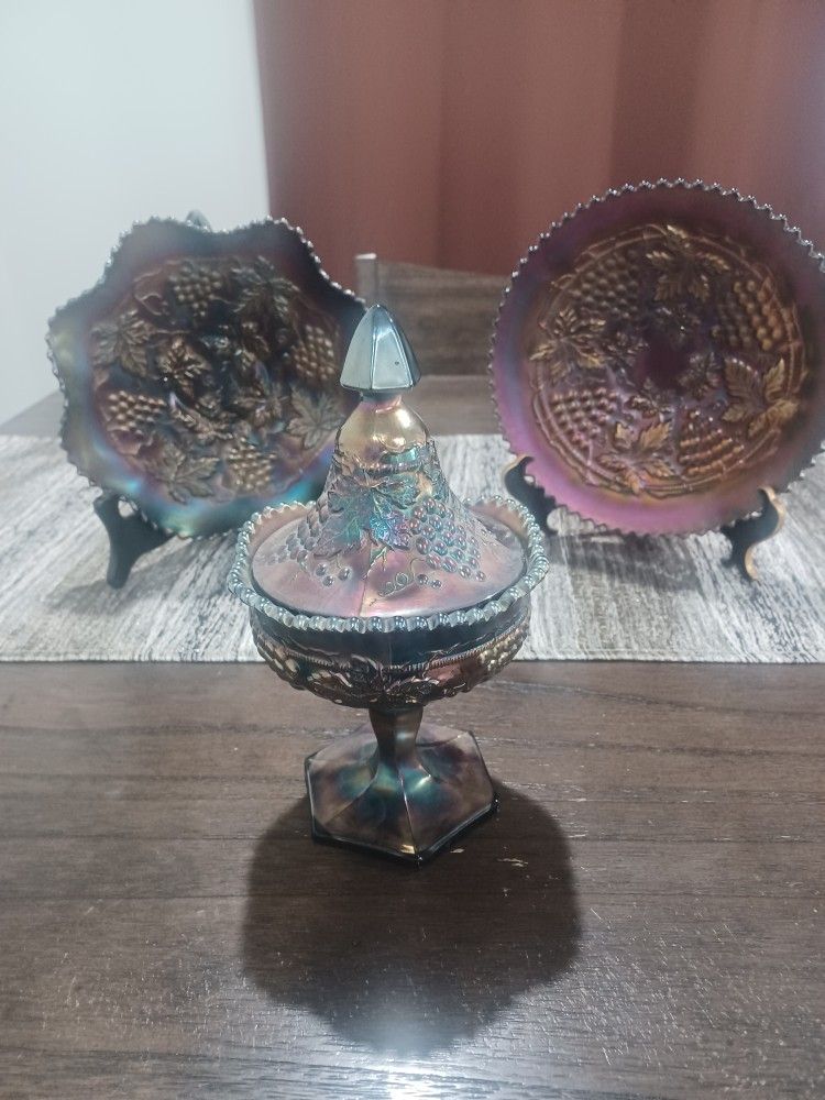Antique Harry Northwood “Golden Iris”Carnival Glass Bowl Grapes-Cable With LOGO
