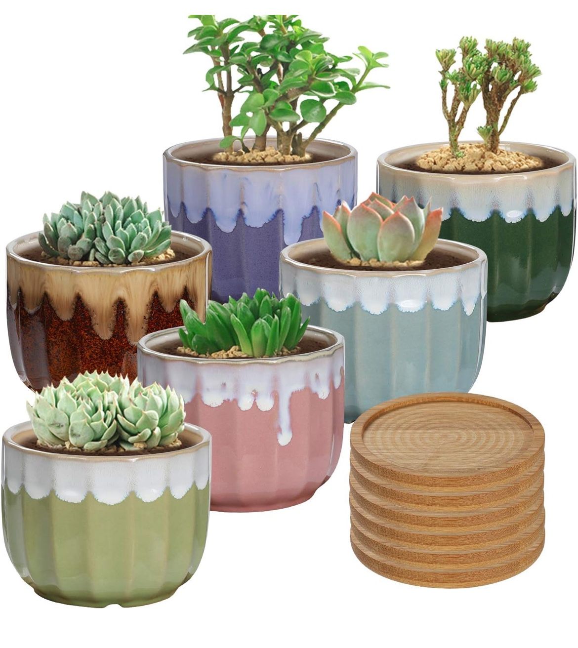 Ceramic Succulent Planter Pots Included Bamboo Trays - 6 Pack 3.5 Inch Indoor Garden Flower Plant Pots