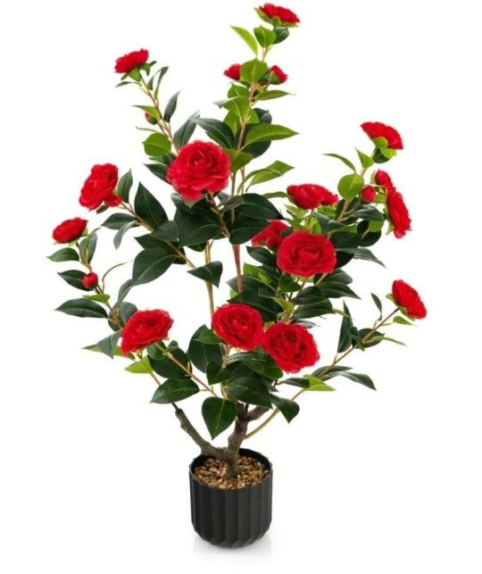 38 Inch Artificial Camellia Tree Faux Flower Plant in Cement Pot-Red.

New in box
