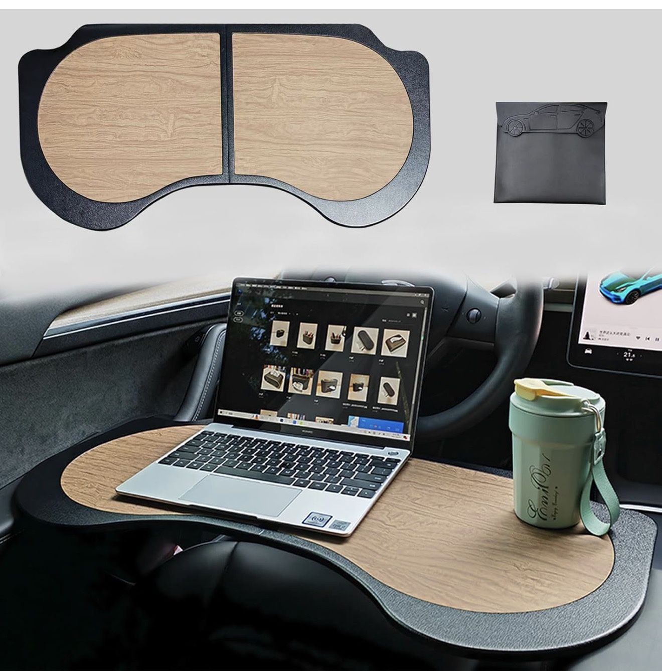 Foldable Laptop Desk for Tesla Model Y Mddle 3, PU Leather Food Tray Table for Work, Study, Makeup, Travel, and Dining in car