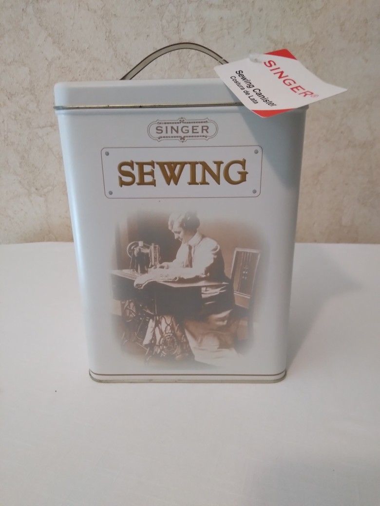 Singer Tin Sewing Canister with Faux Leather Handle 