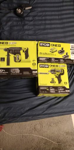 Brandnew sealed never opened Ryobi one+ 1/2 inch impact wrench and rotary hammer drill and battery charger combo set