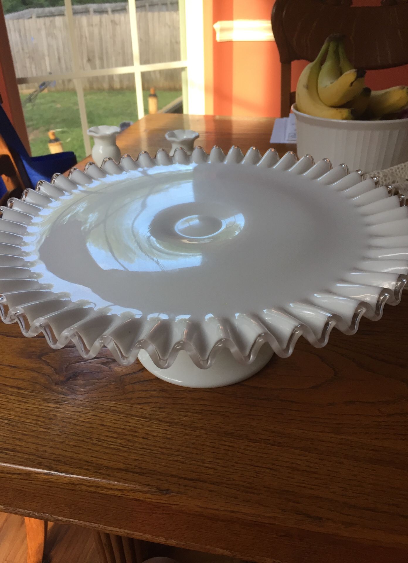 Milk glass fluted cake plate and candle holders