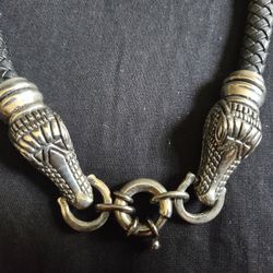 Vintage Alligator Choker Silver Tone Faux Leather Brutalist Reptile 18" Statement Jewelry