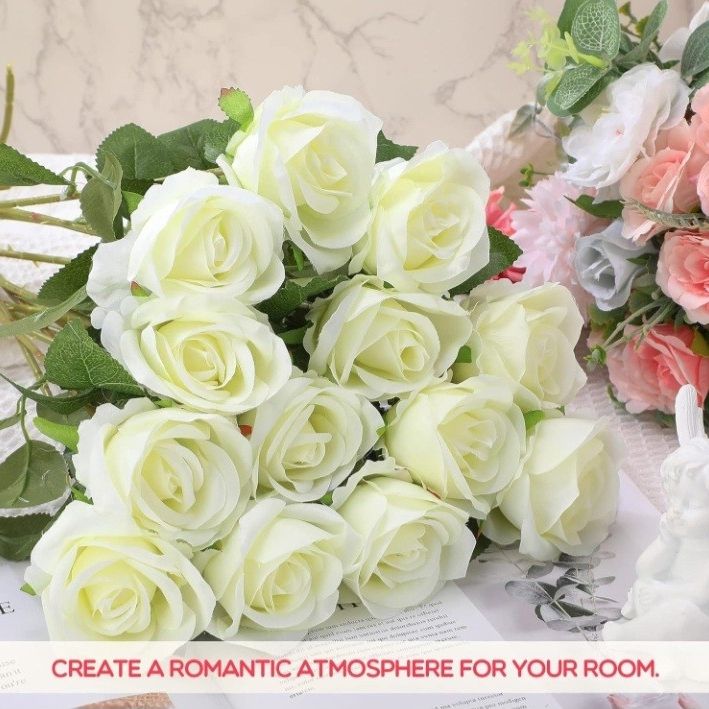 Jexine 100 Pieces Artificial Roses Flowers Bulk, Long Stem Realistic ...