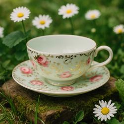 Japan 1950s Pink Ribbon Roses Teacup & Saucer With Gold Scrolls