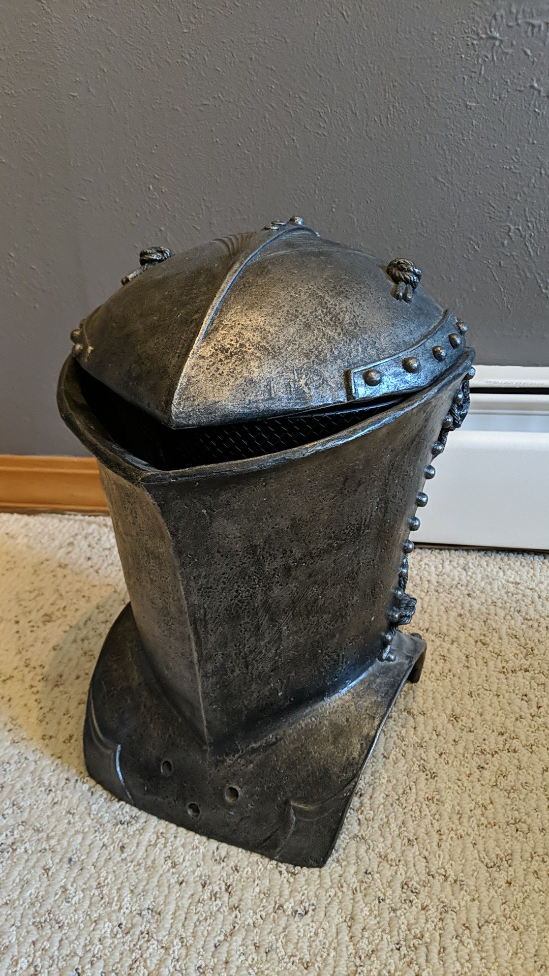 Medieval helmet shaped trashcan
