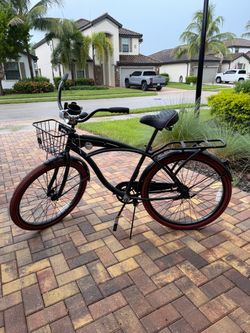 Matte Black Beach Cruiser Bike with Red Tires
