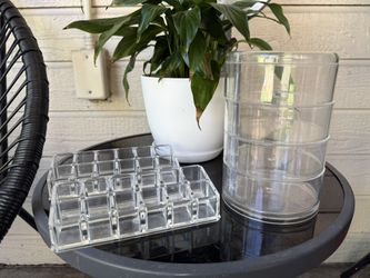 3-Piece Clear Acrylic Vanity Organizer Set (Rotating Swivel Tower + 2 Lipstick Trays)