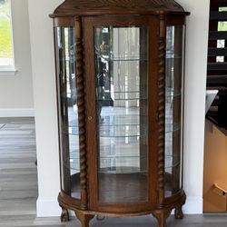 Antique Oak Curved Curio Cabinet With Key
