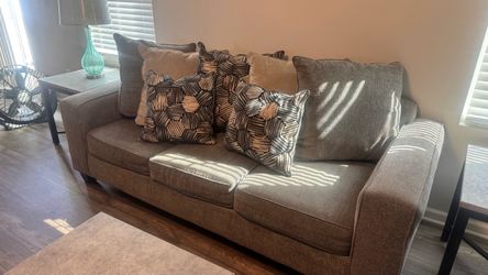 Gray Fabric Three-Seat Sofa with Pillows