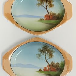 Set Of 2 Noritake Miniature Saucer Trays Hand Painted Tree In The Meadow