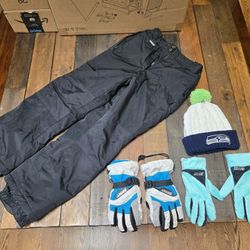 Girl snow lot, pants M 10/12,  gloves M 7/8, Seahawks hat
