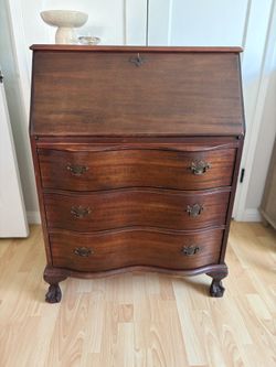 Antique Serpentine Secretary Desk / Dresser (Solid Wood, Working Key – CIRCA 1920s–1940s