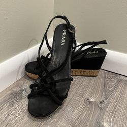 Prada Sling Back Wedge Shoe With Cut Out Straps 