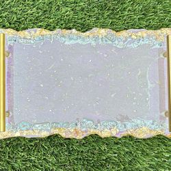 Handmade Pink Resin Tray with Gold Handles | Glam Vanity Decor