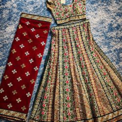  Indian Lehenga Set – Floral Green & Red ✨ Size M Or S 