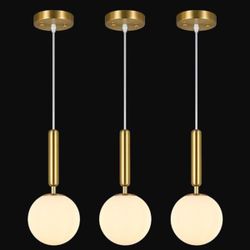 Mid Century Gold Globe Pendant Lights – Set of 3, Milky White Glass