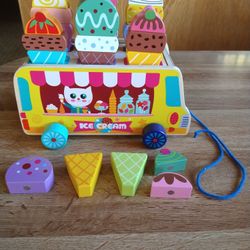Adorable Wooden Ice Cream Truck Pull Toy 