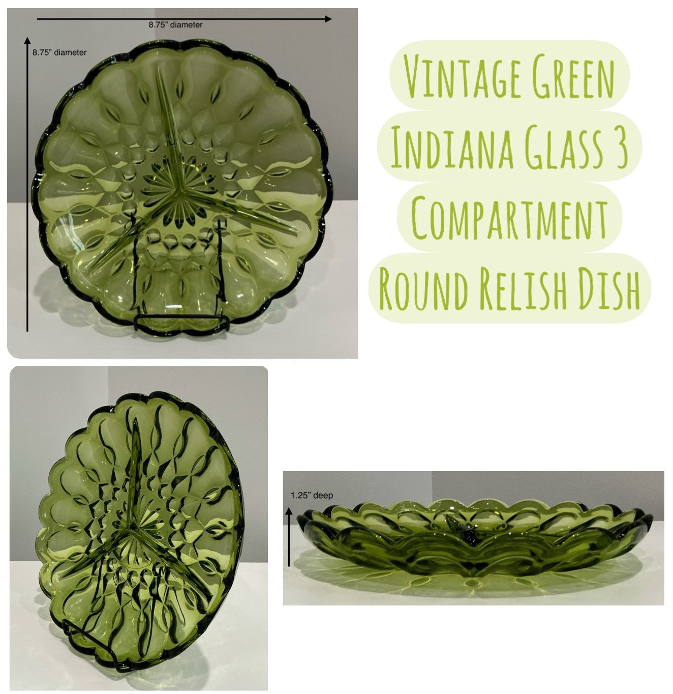 Vintage Green Indiana Glass 3 Compartment Round Relish Dish