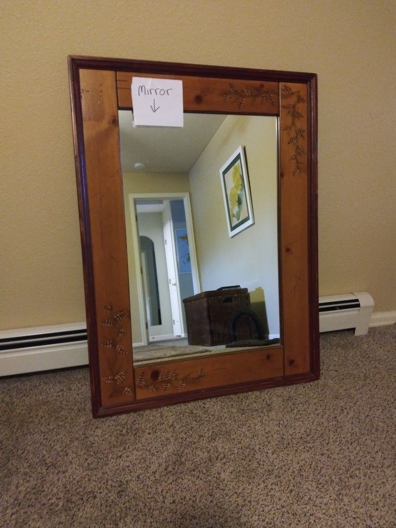 Wood-Framed Mirror With Nature Etching