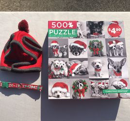 NEW size XS dog toboggan, NEW Christmas collar, and NEW Christmas puzzle