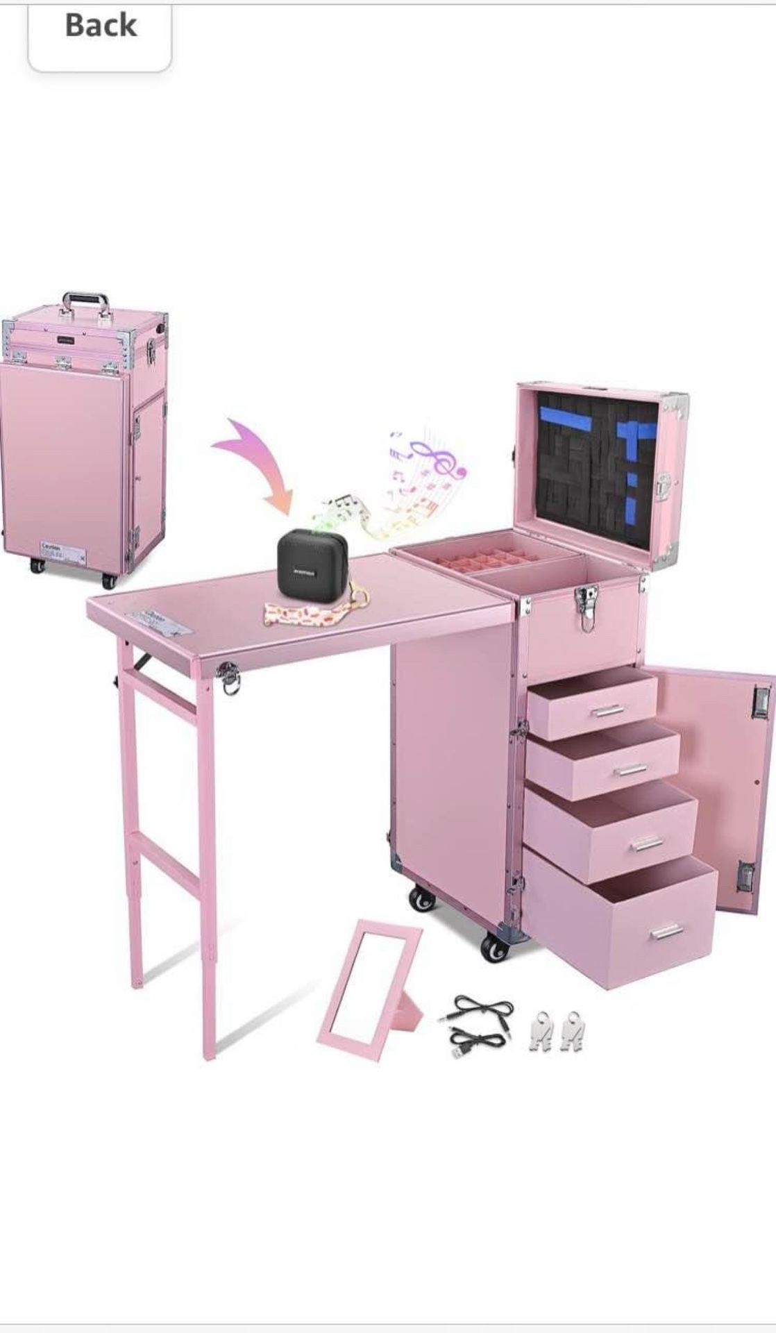 Rolling Manicure Table Nail Desk Makeup Train Case Travel Cosmetic